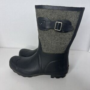 Chooka RAIN BOOTS (Size 7) WOMEN Mid Rise BLACK & PLAID Waterproof‎ RUBBER Lined